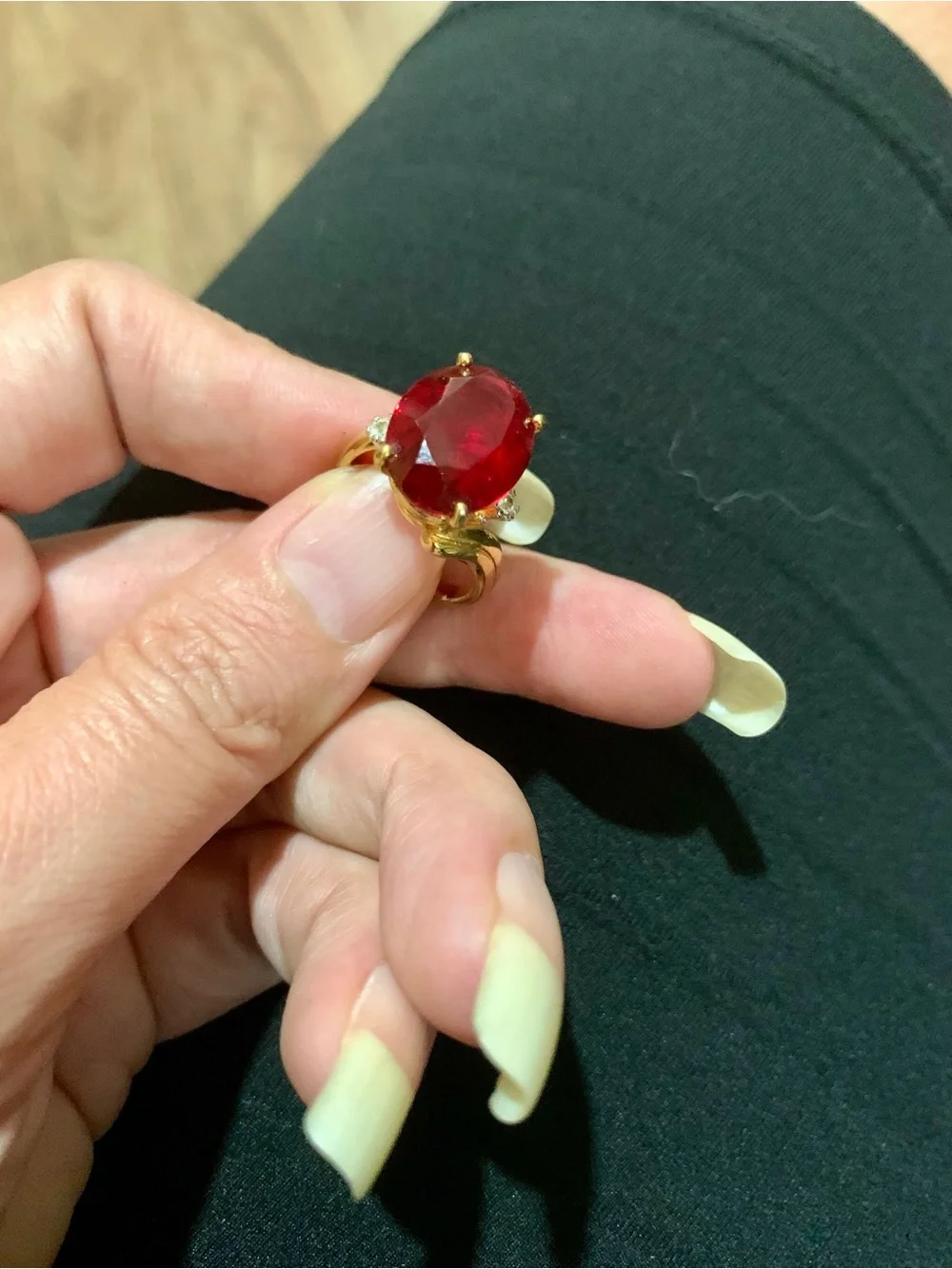Vintage Gold Cocktail Ring with Deep Red Oval Gemstone #0027